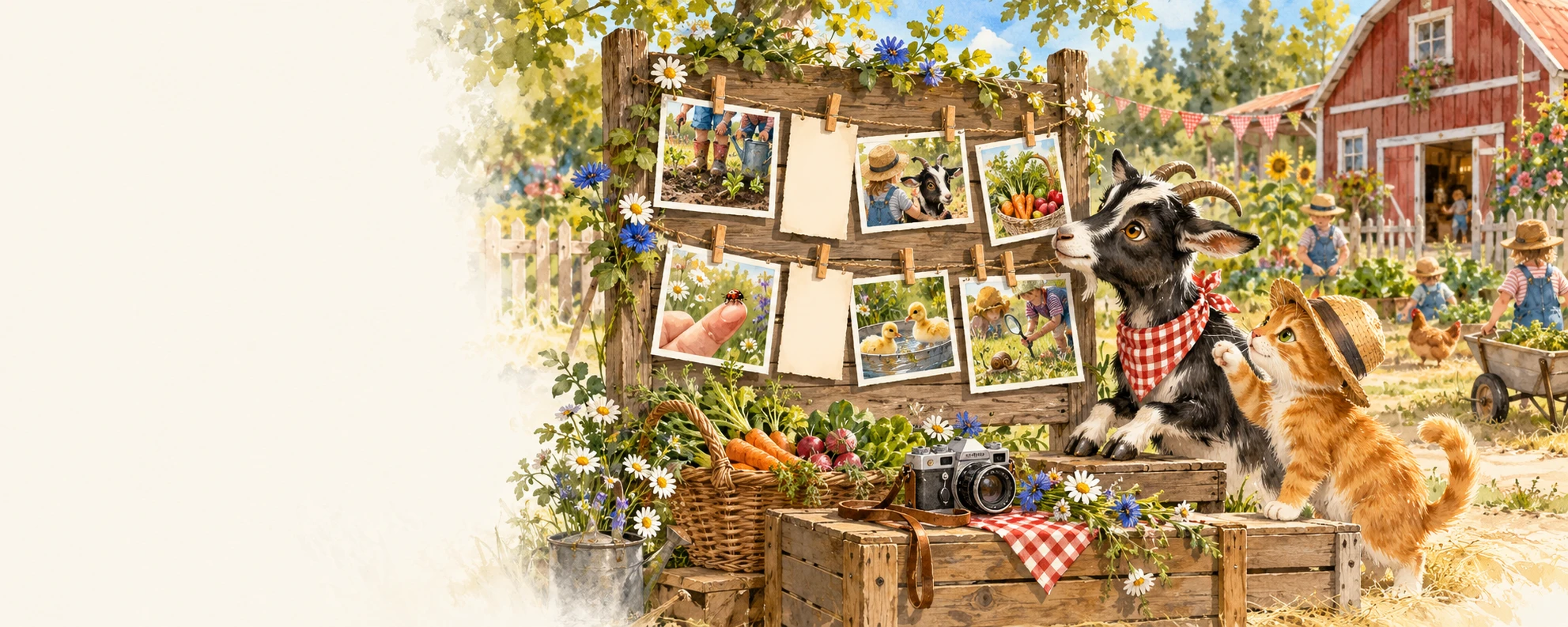 Hofgeschichten an einer Pinnwand mit Oskar und Fiete