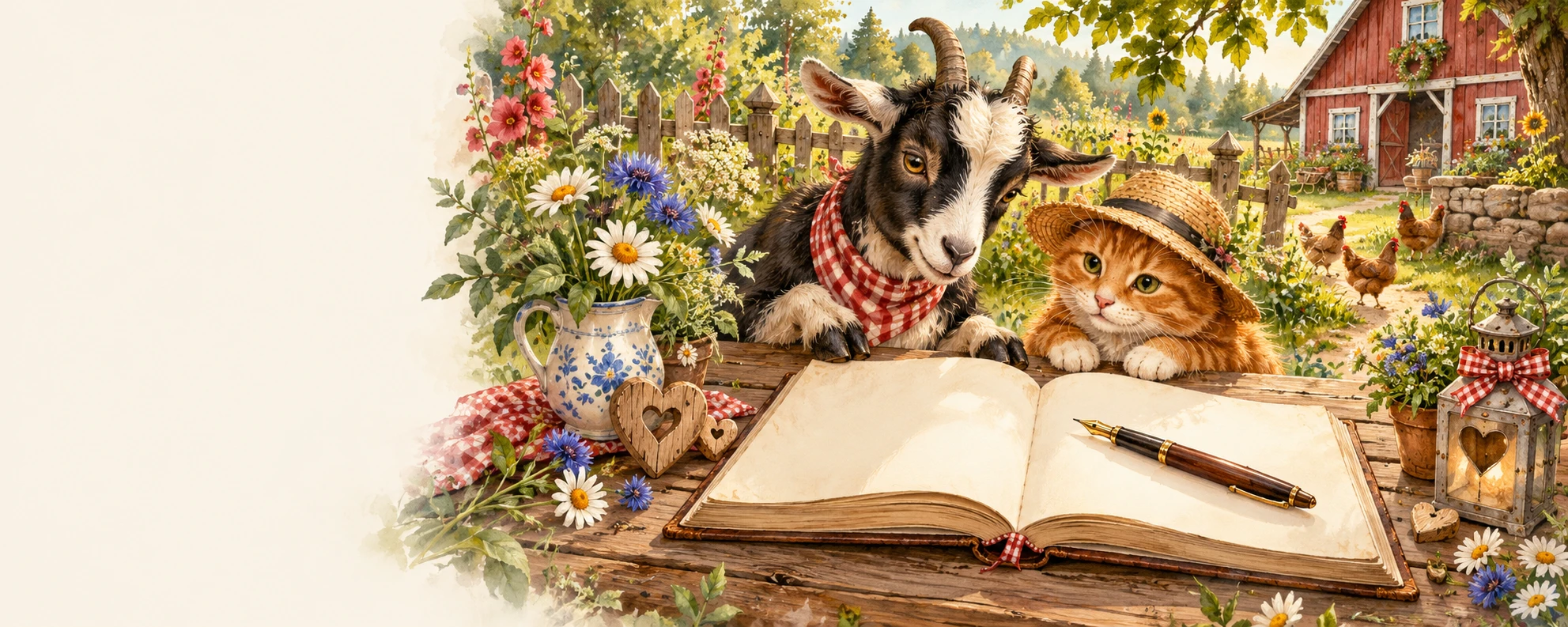 Offenes Gästebuch mit Füller, Blumen, Oskar und Fiete