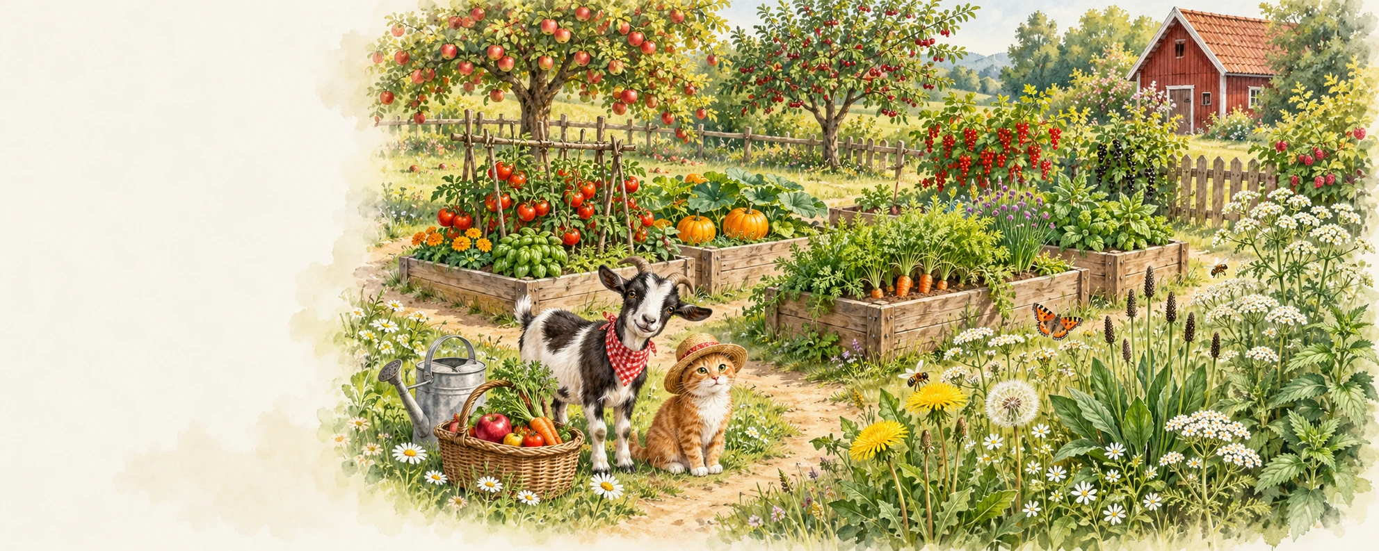 Obstgarten mit Bäumen und Beeren, Gemüsebeete, Kräuterbeet und Wildkräuterecke mit Oskar und Fiete