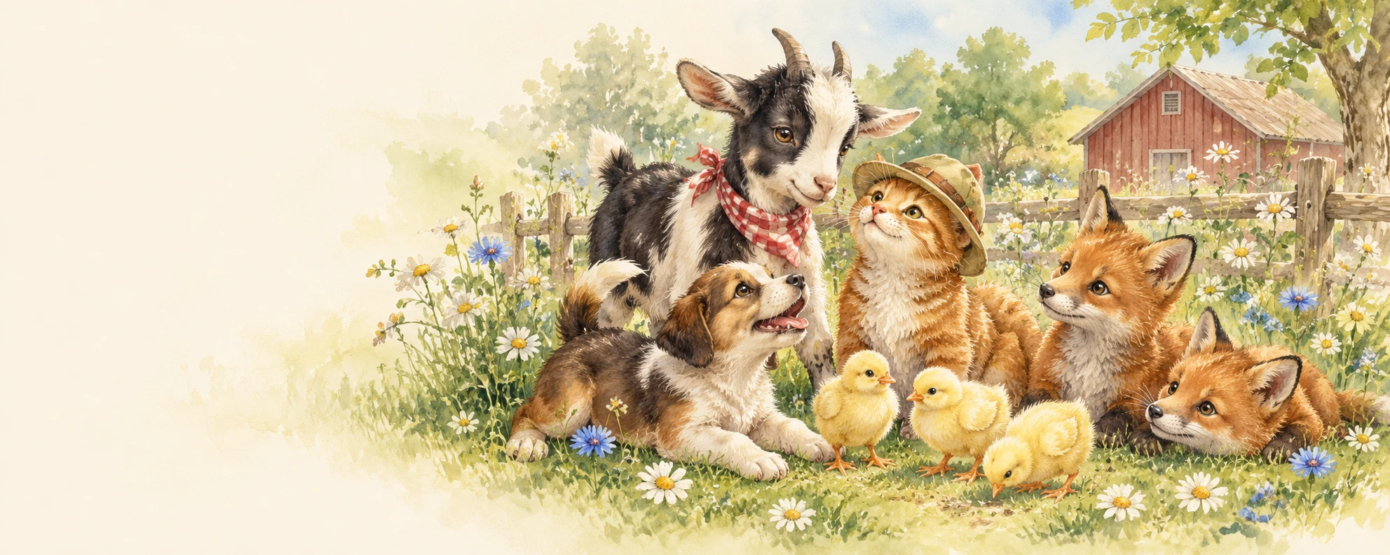 Oskar und Fiete mit einem Strolch, Füchsen und Küken auf einer Blumenwiese