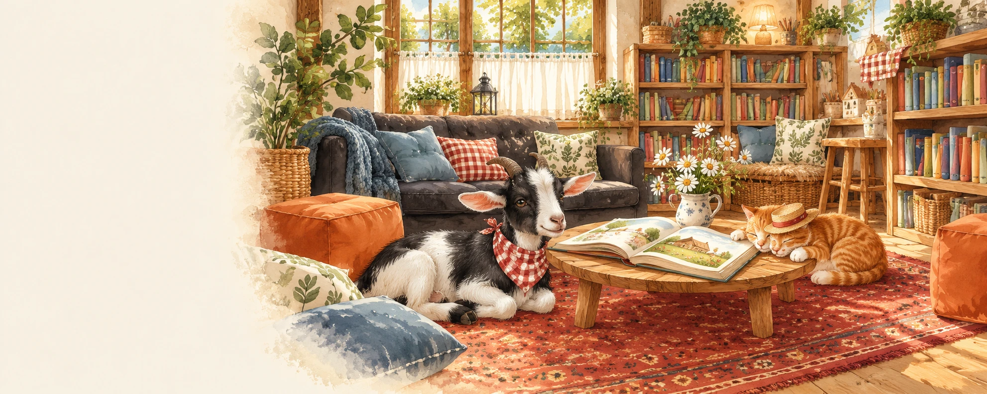 Symbolische Lesestube: Bücherregale, Sofa und gemütliche Leseplätze mit Oskar und Fiete