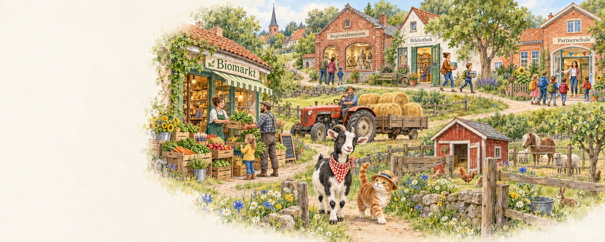 Symbolische Partnerwelt mit Biomarkt, Bauer und Heulieferung, Regionalmuseum, Bibliothek und Partnerschule, begleitet von Oskar und Fiete