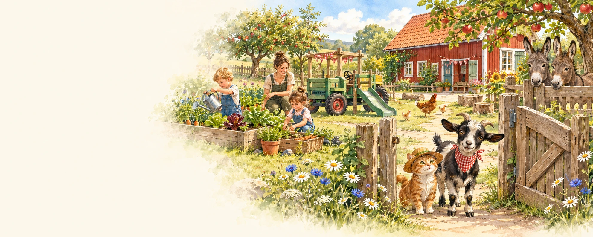 Symbolische Hofszene: Oskar und Fiete begrüßen am Hoftor, dahinter Spieltraktor, Garten, Kinder und Tiere