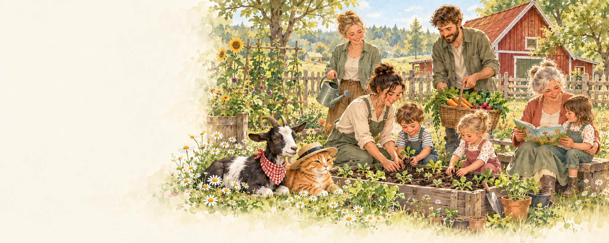 Symbolische Illustration: erfundene Betreuungspersonen begleiten Kinder beim Pflanzen und Vorlesen, mit Oskar und Fiete