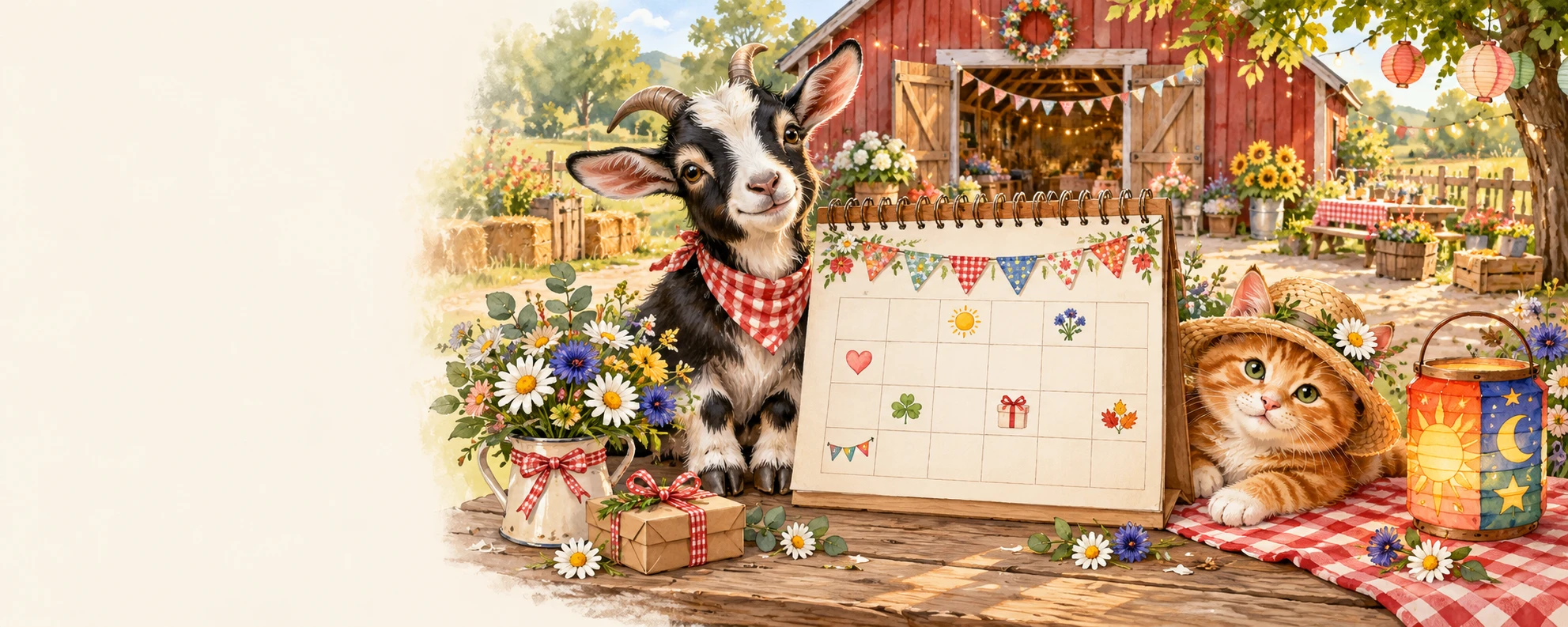 Festlicher Kalender mit Laterne, Wimpeln, Oskar und Fiete