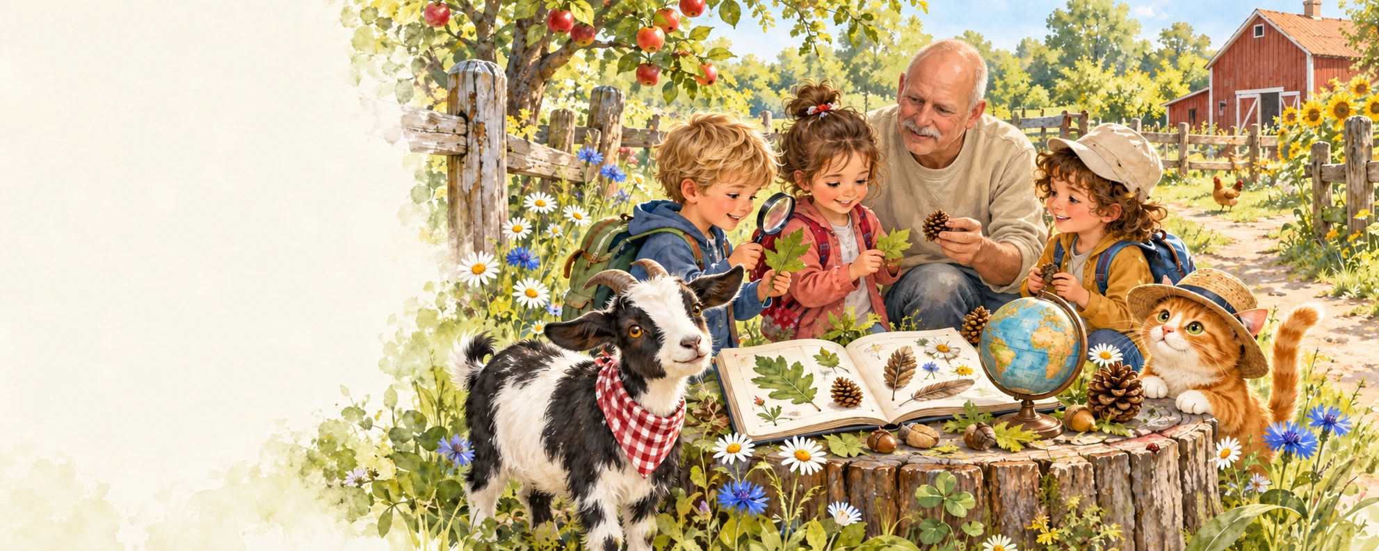 Illustration: Fred und die Weltentdecker beim Forschen mit Lupe, Naturfunden und Abenteuerbuch